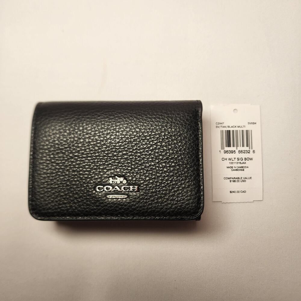NWT Coach CZ447 Card Holder Snap Wallet Signature Bow Print Khaki Black